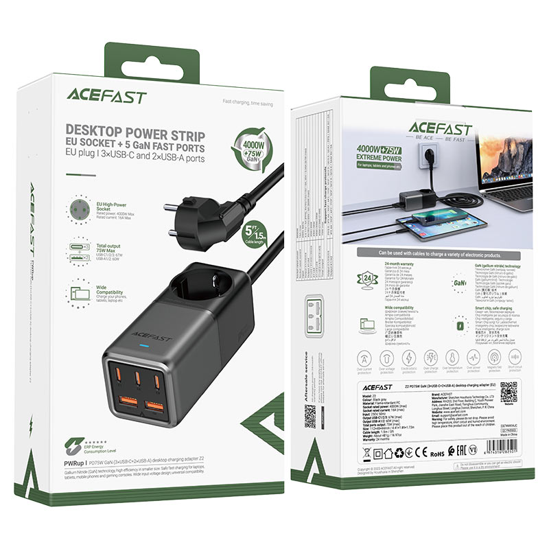 AceFast Z2 75W GaN Fast Charge Power Strip – Multi-Port Desktop Charging Station