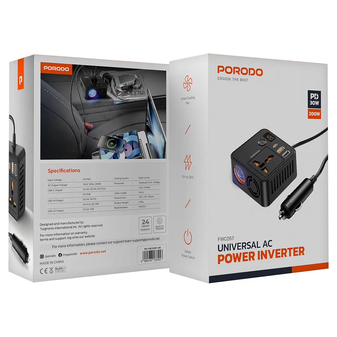 Porodo Universal AC Power Inverter – Portable Car Power Converter (Black)