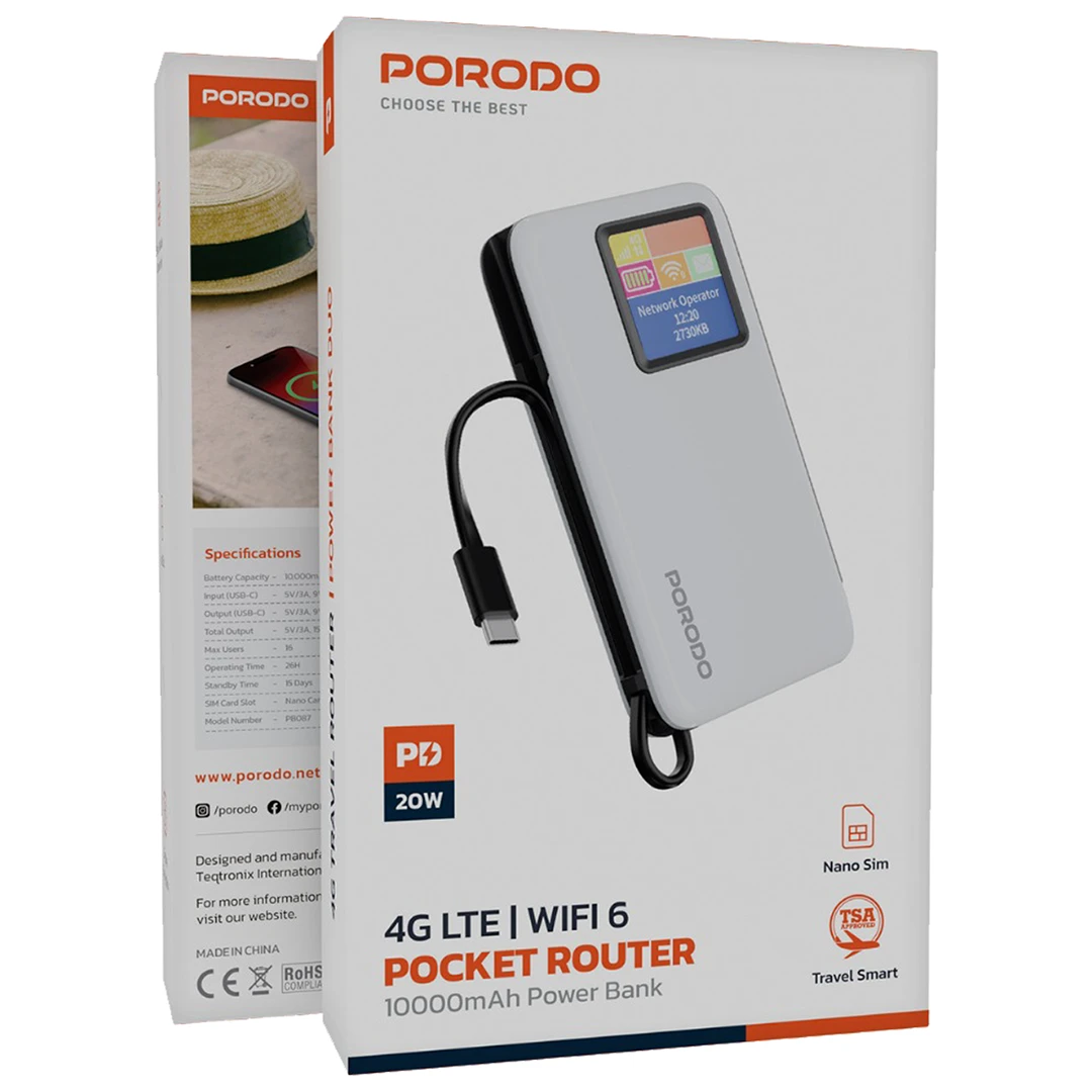 Porodo 4G LTE WiFi 6 Pocket Router with 10000mAh Power Bank – Fast 300Mbps Mobile Hotspot (White)