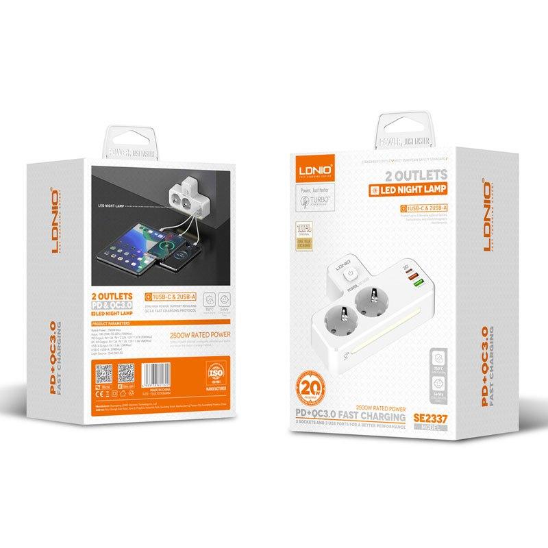 LDNIO SE2337 Portable Power Extension Socket with USB-C, USB-A & Night Lamp – 2500W, 20W PD Fast Charging - Saleshubstore