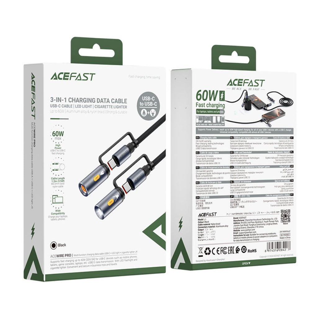 Acefast J4 USB-C Charging Data Cable 60W – LED Light Cable with Cigarette Lighter Plug