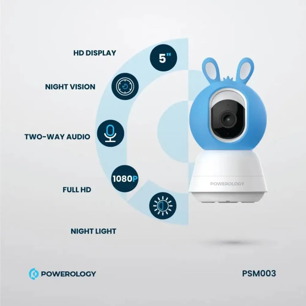 Powerology Smart Baby Monitor Camera with Mobile App – Night Vision, Motion Detection & Two-Way Audio (Blue / Pink)