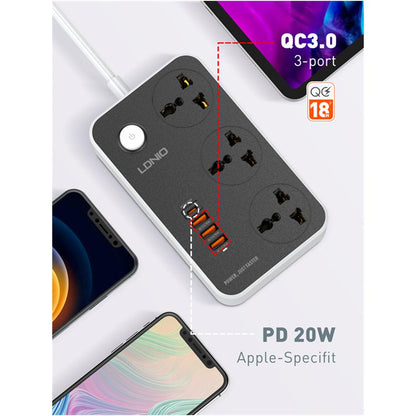 LDNIO SC3412 Power Socket with 3 Outlets and Fast Charging USB Ports - Saleshubstore
