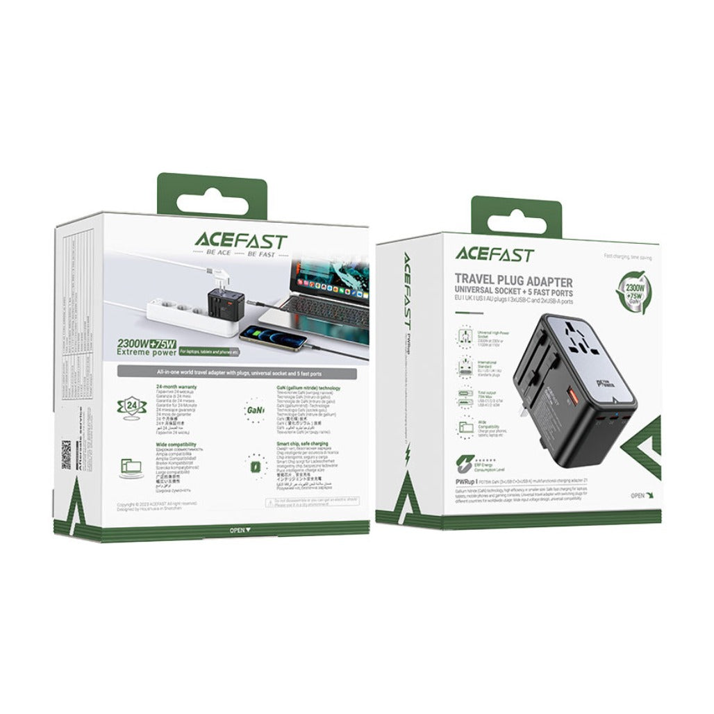 Acefast Z1 2300W Power Adapter with PD75W GaN – 3 USB-C & 2 USB-A Fast Charging Hub