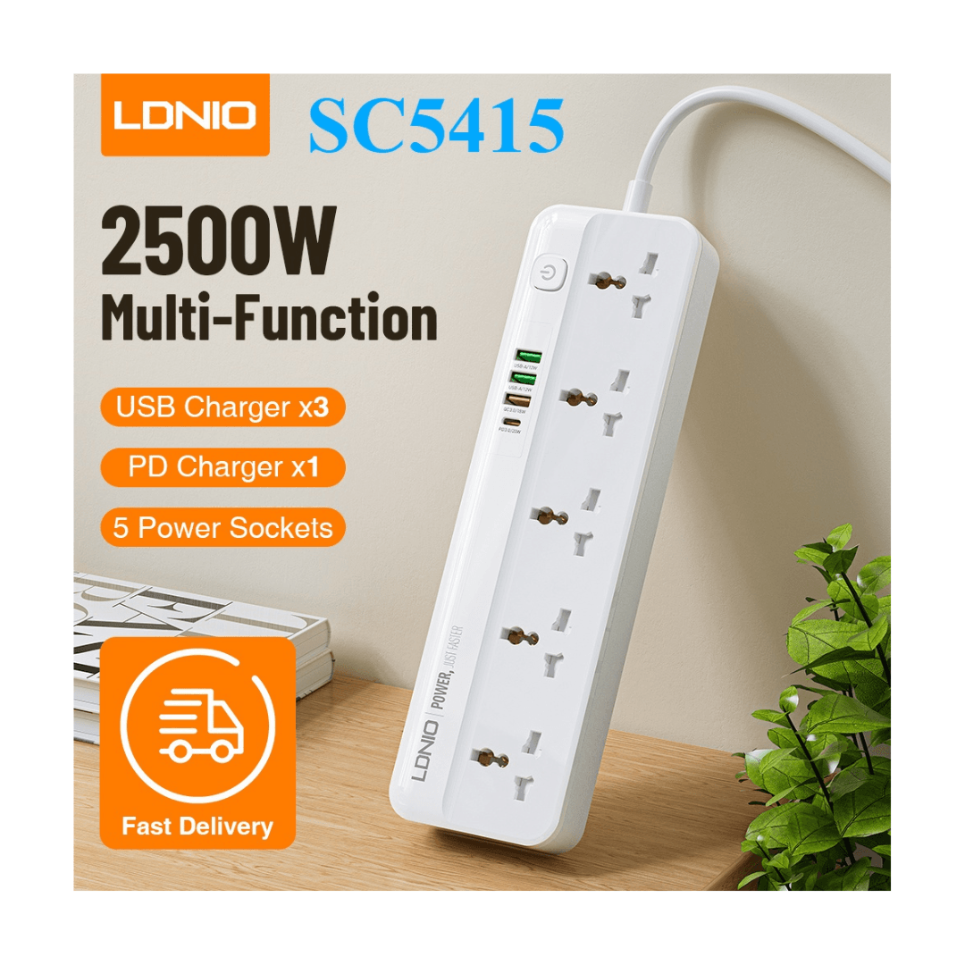 LDNIO SC5415 Power Strip with 5 Sockets + PD 20W, QC 18W, Auto-ID – 2500W, 2m Cord - Saleshubstore