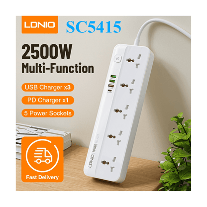 LDNIO SC5415 Power Strip with 5 Sockets + PD 20W, QC 18W, Auto-ID – 2500W, 2m Cord - Saleshubstore