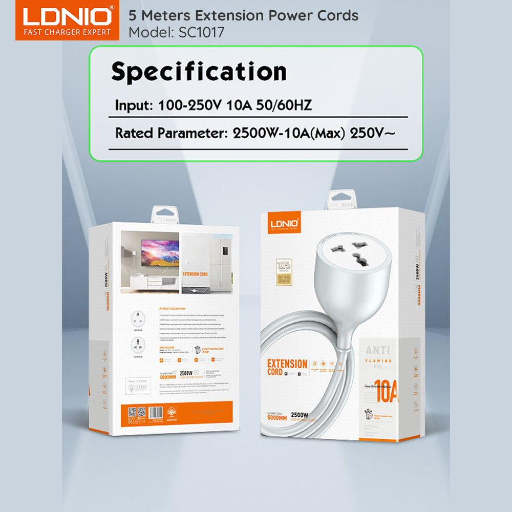 LDNIO 5M Extension Cord 2500W 10A Anti-Flaming PVC Power Cable