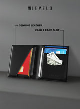 Levelo Bifold Genuine Leather Wallet – Debossed Logo Slim Pocket Organizer (Black)