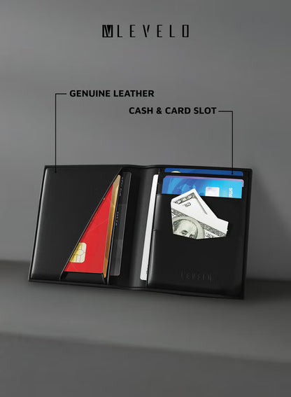 Levelo Bifold Genuine Leather Wallet – Debossed Logo Slim Pocket Organizer (Black)