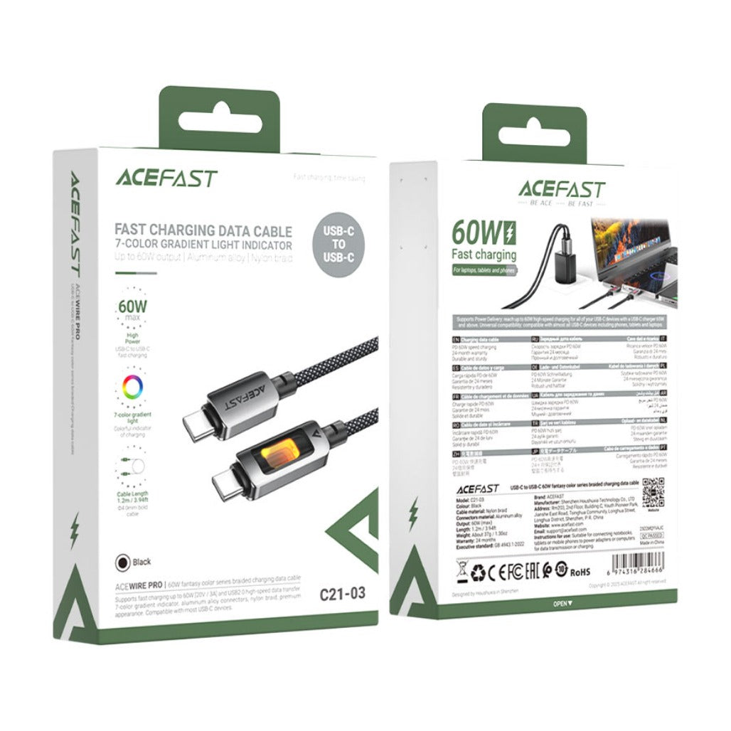 Acefast C21-03 USB-C to USB-C 60W Fast Charging Cable – Durable Type-C Data & Power Cable