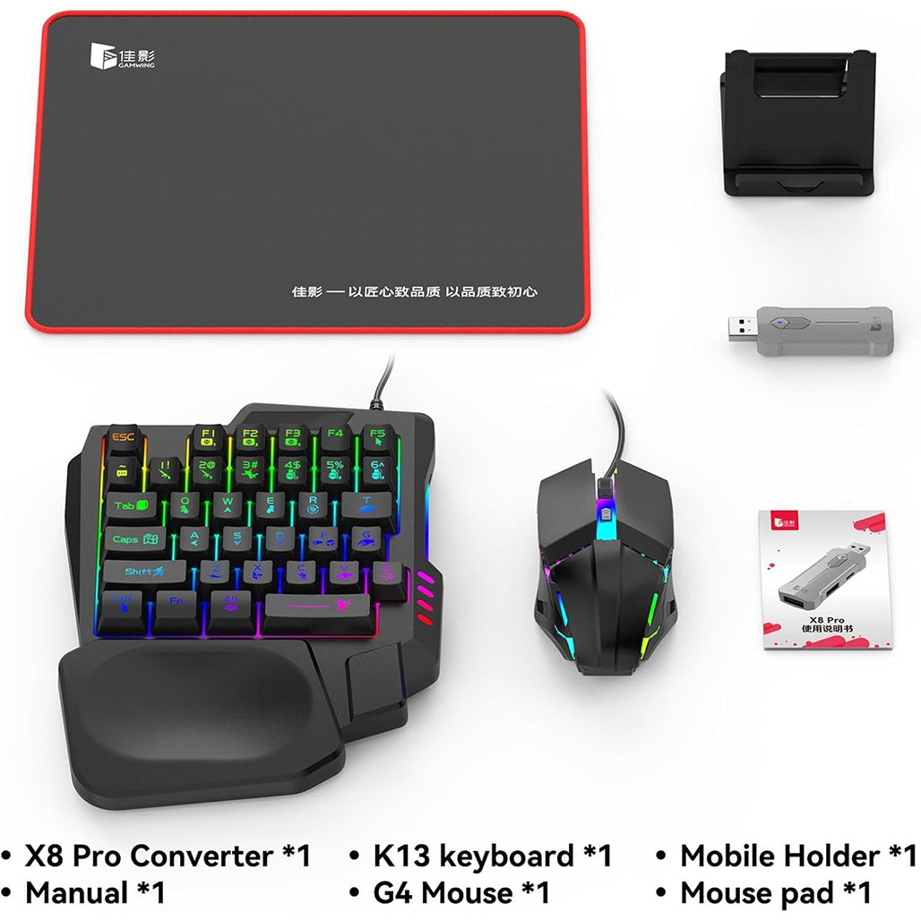 Electro Wolf X8 5-in-1 Mobile Gaming Combo – Wireless RGB Keyboard, Mouse & Game Controller Set for Android
