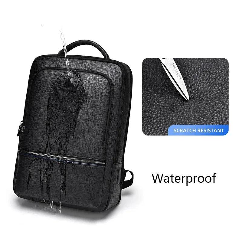 BOPAI Men's Genuine Leather Backpack – 15.6'' Laptop, Business Travel Rucksack with USB Charging, Anti-Theft, Large Capacity, Classic Black - Saleshubstore