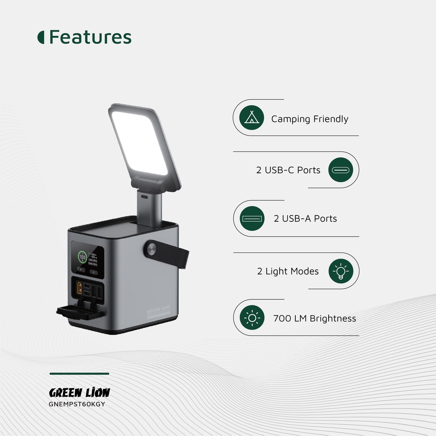 Green Lion Energy Max 60000mAh Power Station 230W – High-Capacity Portable Power Station (Grey)