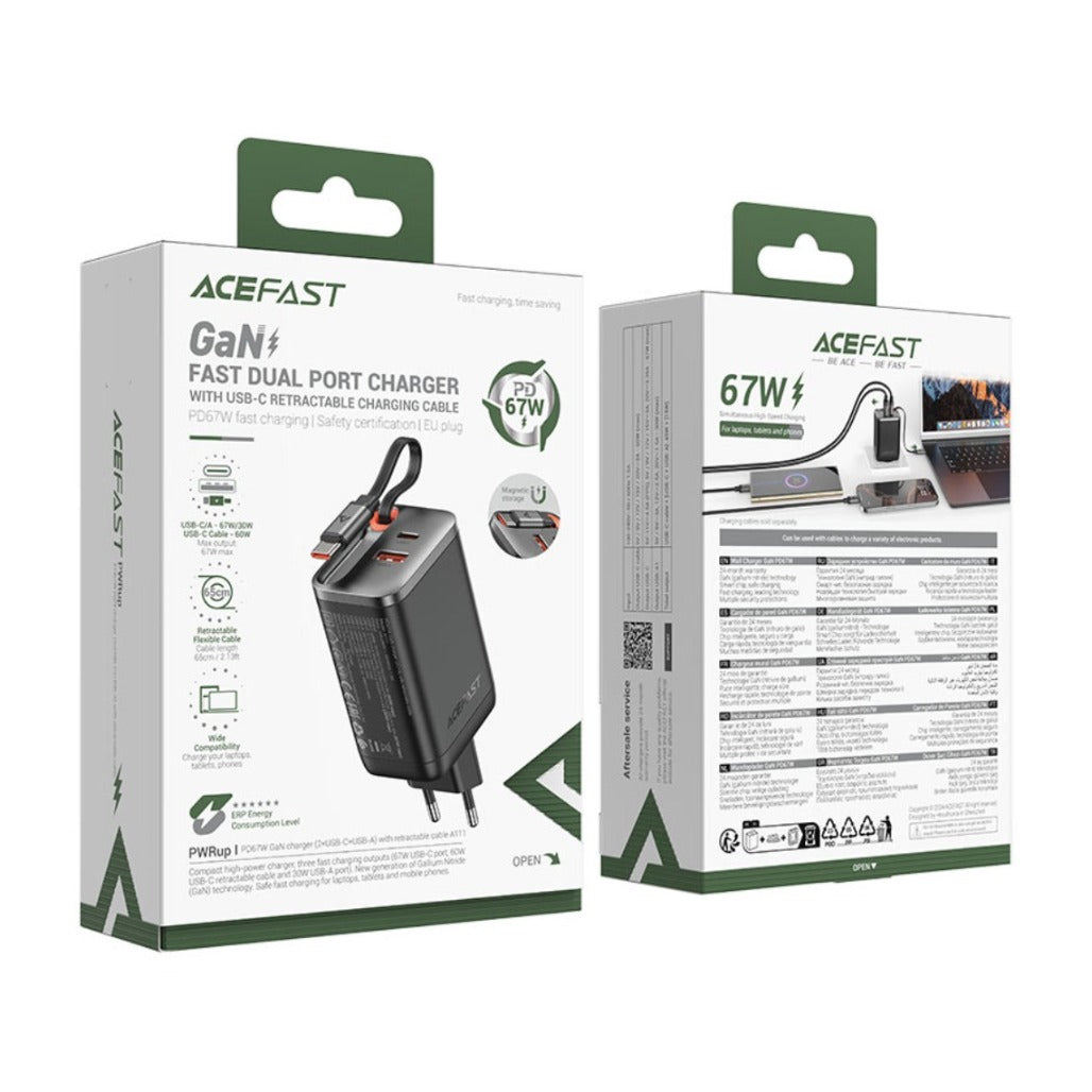 Acefast A111 PD67W Fast Wall Charger – USB-A & USB-C GaN Charger with USB-C Cable (EU Plug)