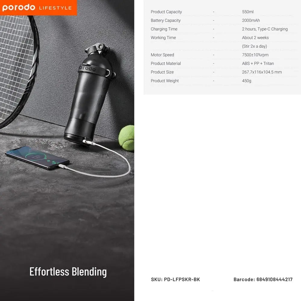 Porodo Lifestyle Portable Electric Protein Mixer – Rechargeable Blender Cup (Black)