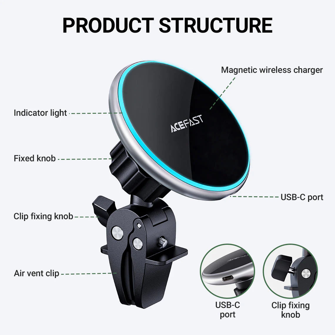 Acefast 15W Wireless Car Charger Mount Magnetic Holder D3