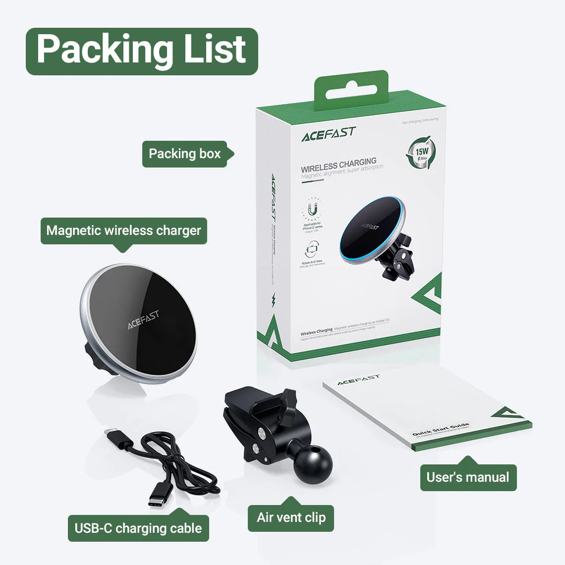 Acefast 15W Wireless Car Charger Mount Magnetic Holder D3