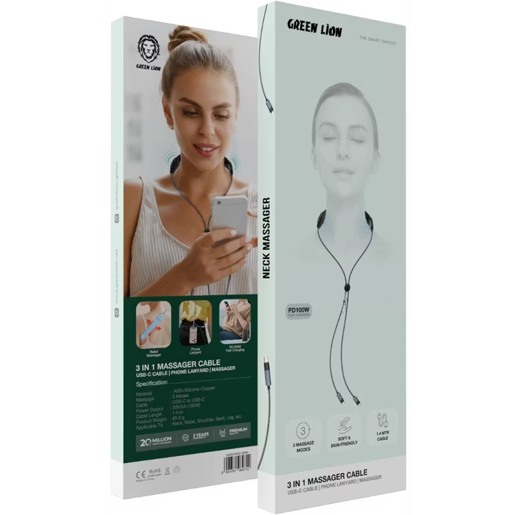 Green Lion 3-in-1 Massager Cable PD 100W – Fast Charging Cable with Built-In Massager (Black)