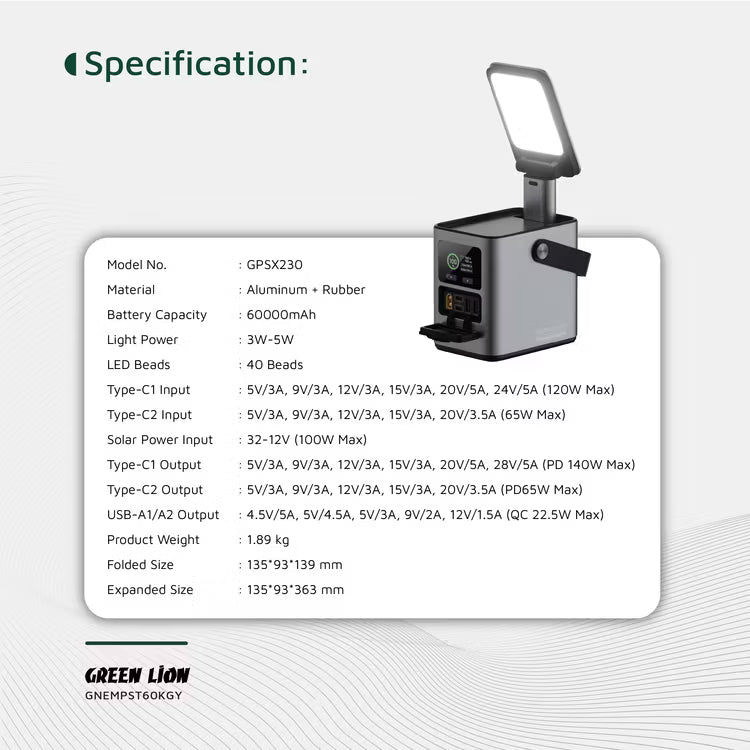 Green Lion Energy Max 60000mAh Power Station 230W – High-Capacity Portable Power Station (Grey)