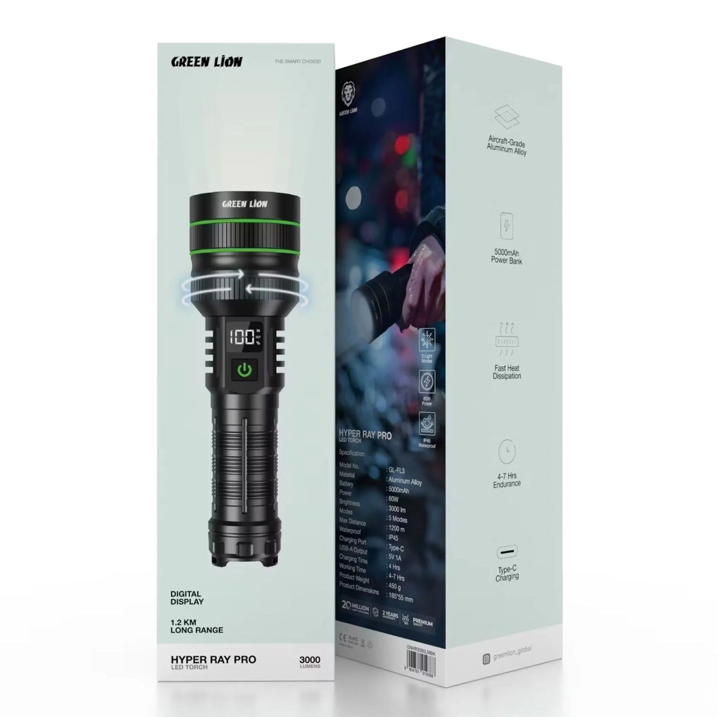 Green Lion Hyper Ray Pro LED Torch – Ultra-Bright Rechargeable Flashlight