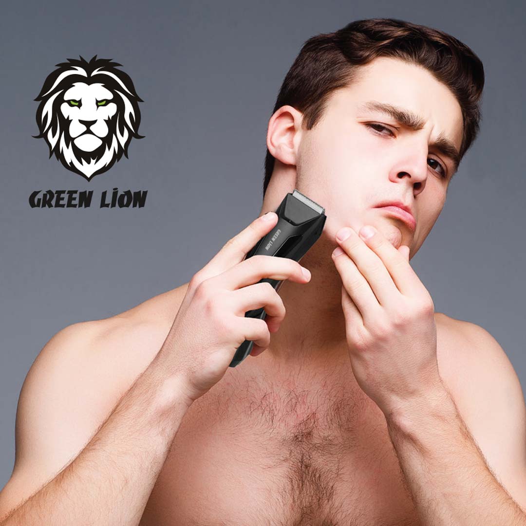 Man using a hair trimmer with 'Green Lion' logo in the corner