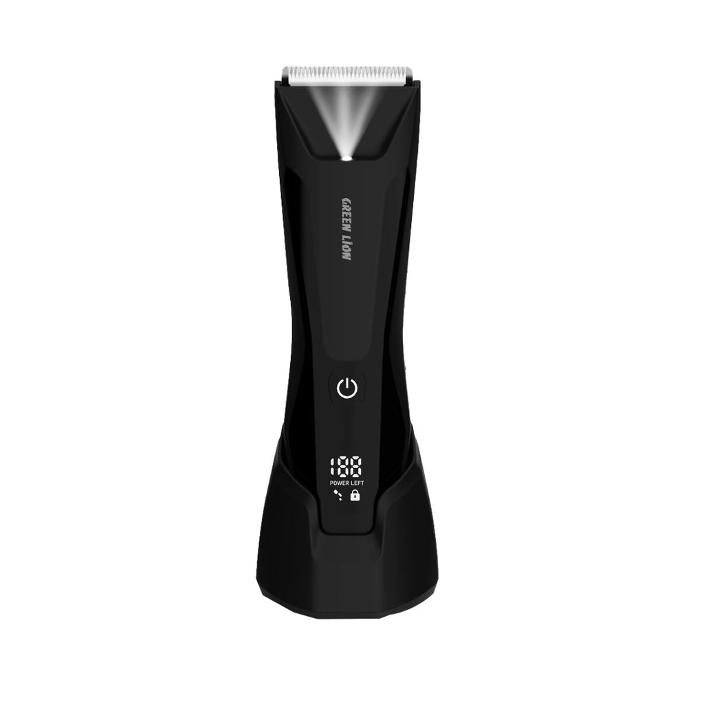 Black hair trimmer with digital display on a white background