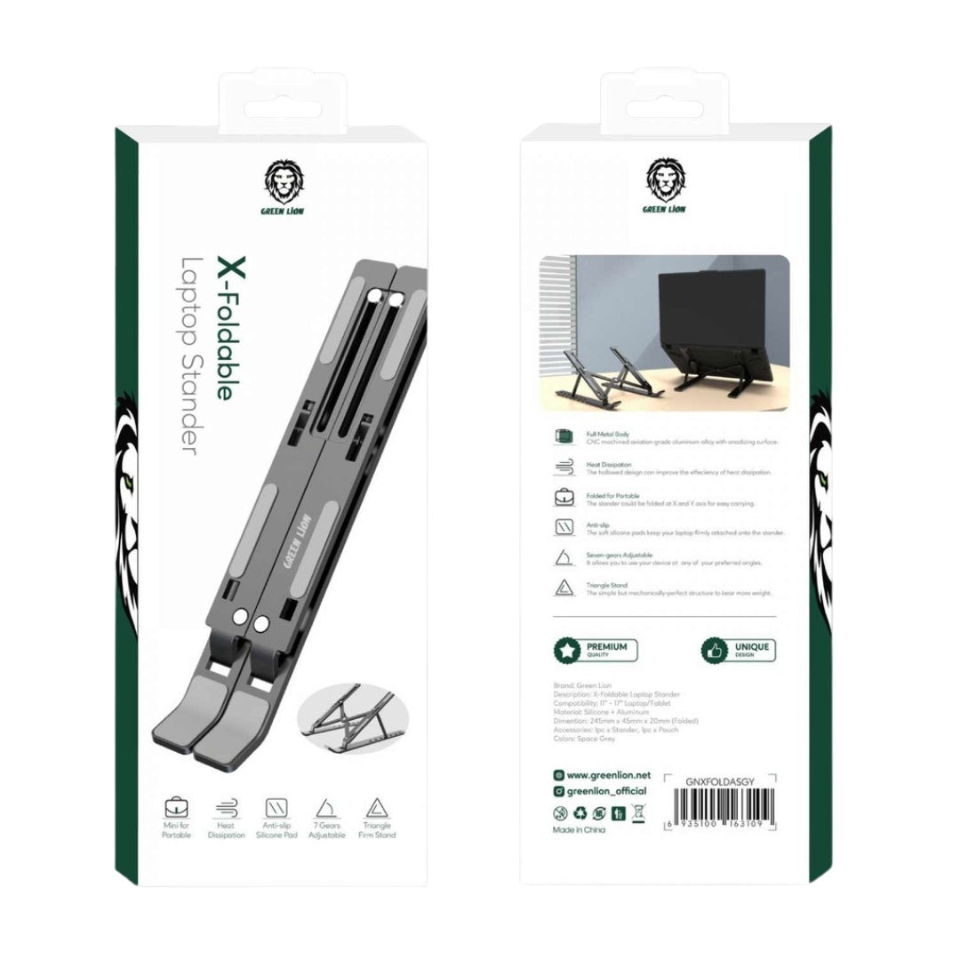 Green Lion X-Foldable Laptop Stand – Adjustable Ergonomic Aluminum Stand (Gray)