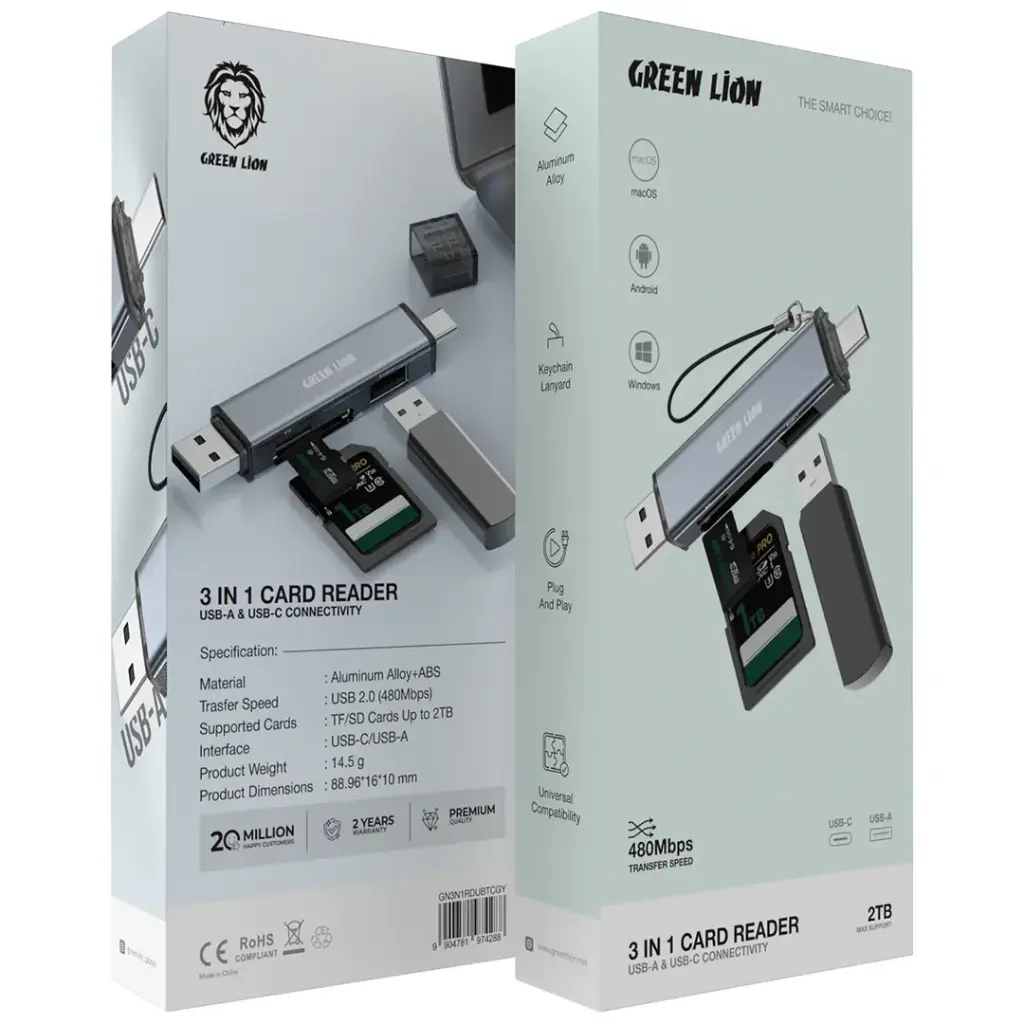 Green Lion 3 in 1 Card Reader with USB-A & USB-C Connectivity