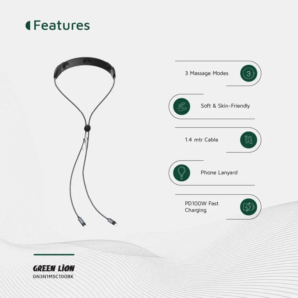 Green Lion 3-in-1 Massager Cable PD 100W – Fast Charging Cable with Built-In Massager (Black)