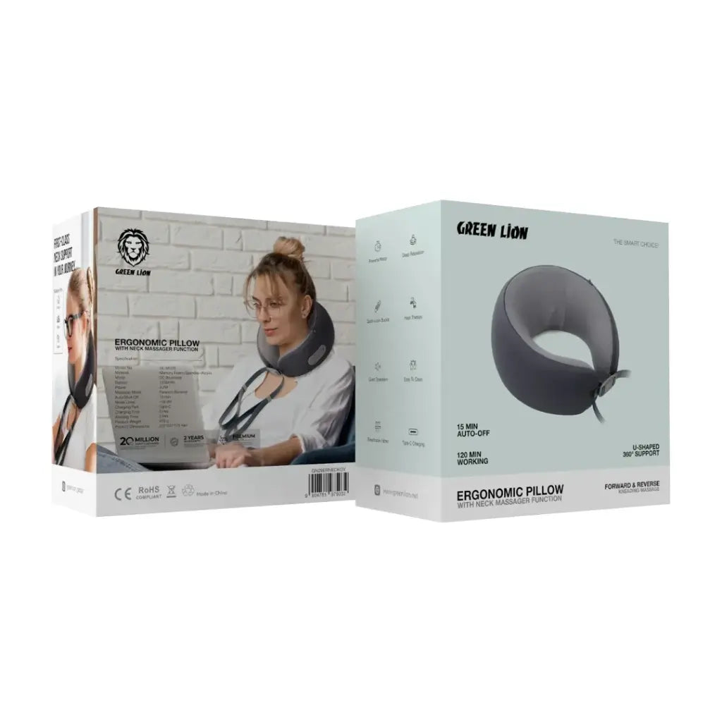 Green Lion Ergonomic Neck Pillow with Built-In Massager – Relaxation & Support (Gray)