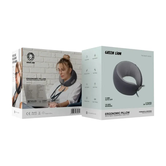 Green Lion Ergonomic Neck Pillow with Built-In Massager – Relaxation & Support (Gray)