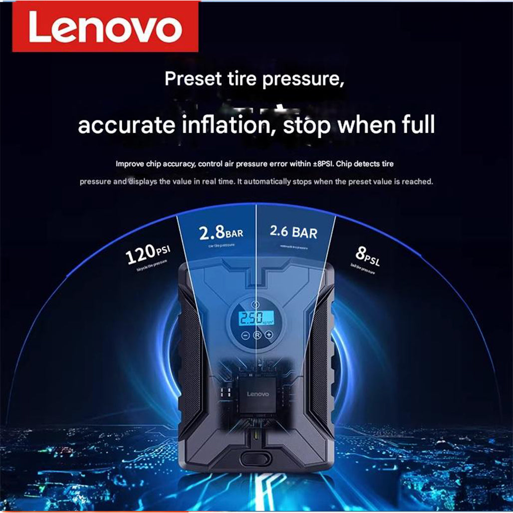 Lenovo HV05-2 Portable Car Tire Inflator – 12V Air Compressor with Pressure Gauge & LED Light