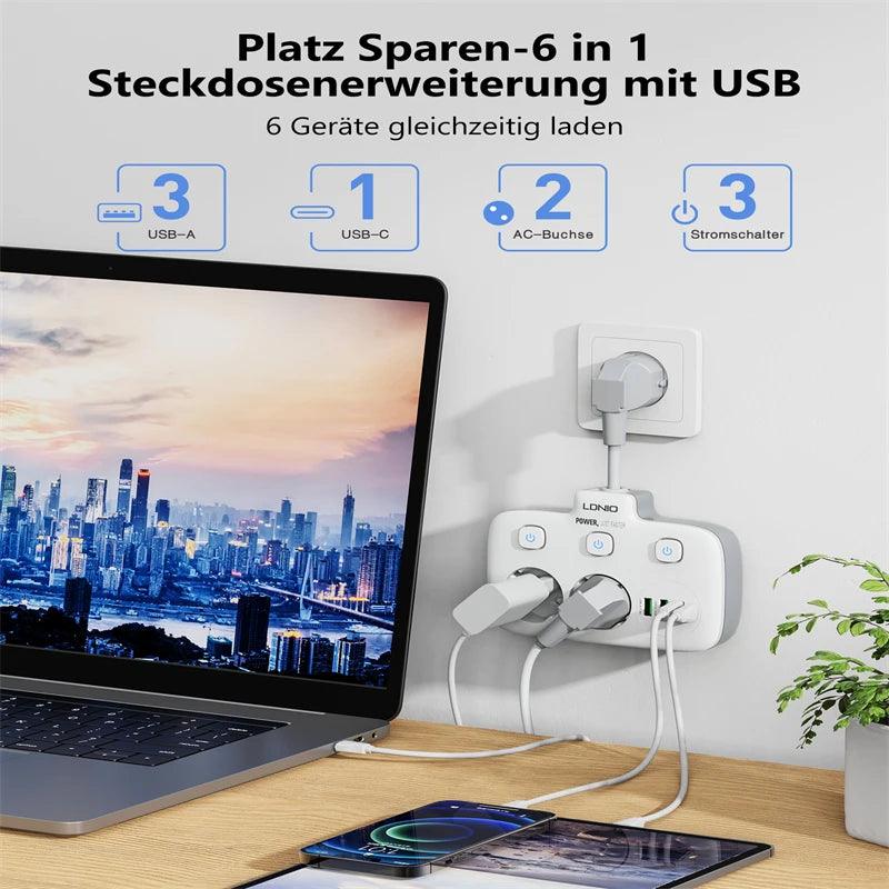LDNIO SE2435 2500W Power Strip with Auto-ID USB Ports – Multi Plug Extension Socket - Saleshubstore
