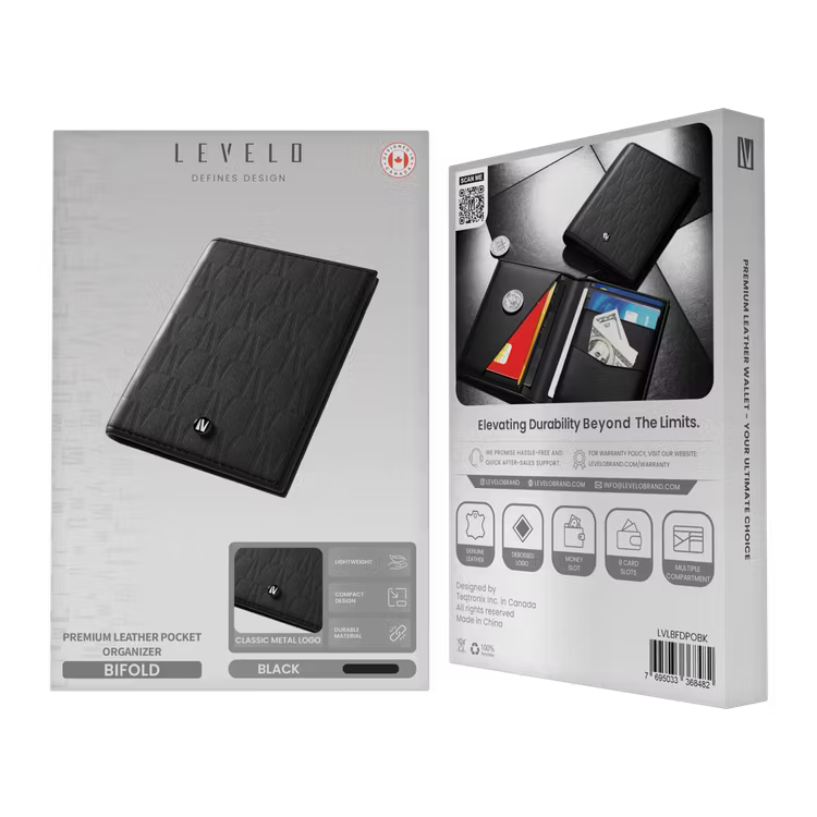Levelo Bifold Genuine Leather Wallet – Debossed Logo Slim Pocket Organizer (Black)