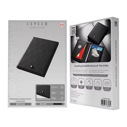 Levelo Bifold Genuine Leather Wallet – Debossed Logo Slim Pocket Organizer (Black)