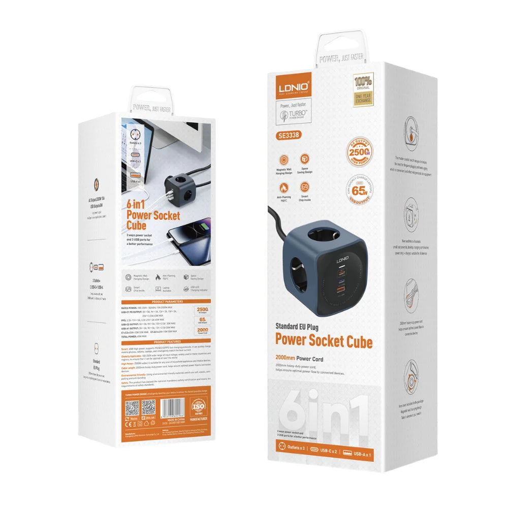 LDNIO SE3338 Power Strip 2500W – 65W Fast Charging with PD & QC3.0, EU Plug, 2m Cable