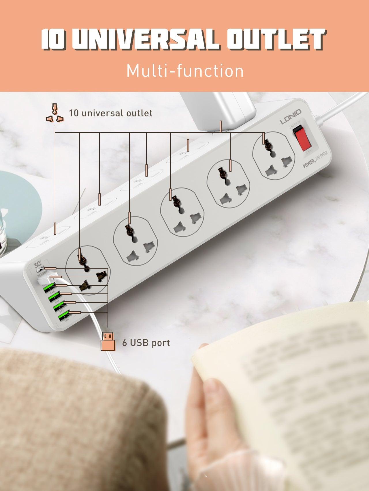 LDNIO SC10610 10-Socket Power Strip with 4 USB Ports & 30W PD Fast Charging – 2500W Surge Protected - Saleshubstore