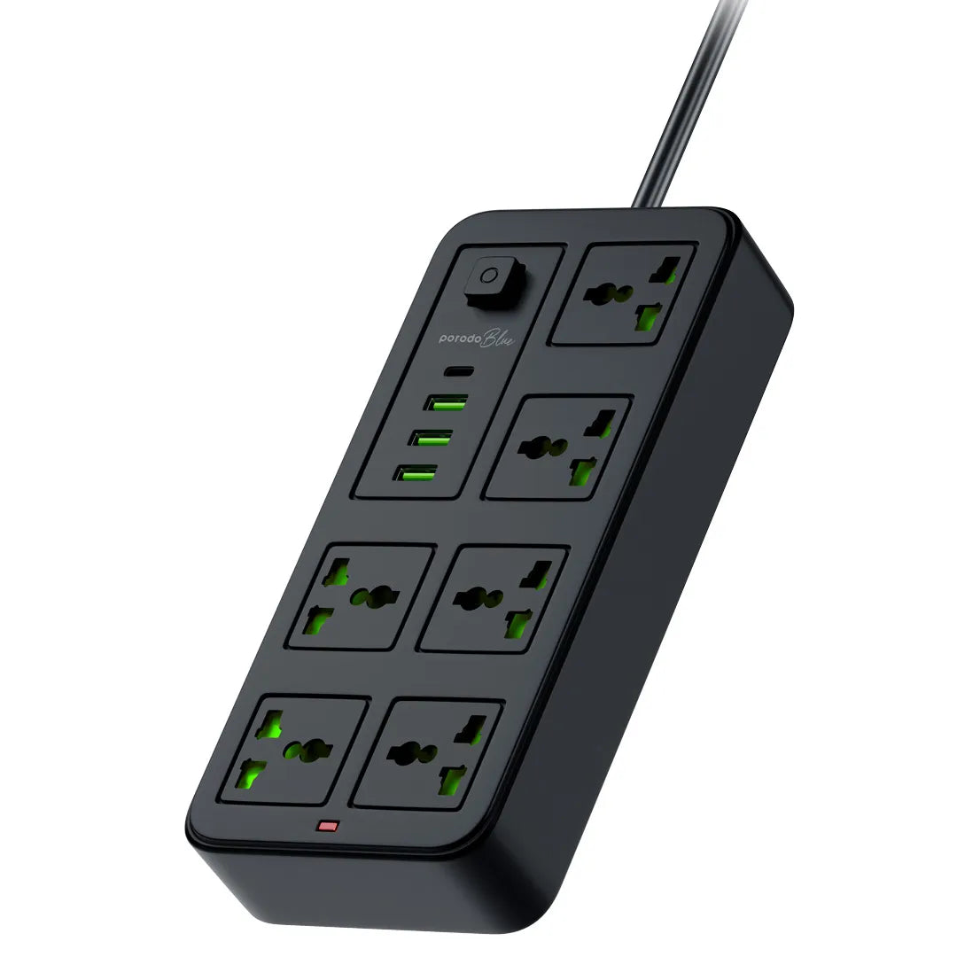 Porodo 6-AC Power Strip with USB-A & Type-C Charging Ports – Smart Power Hub (Black)