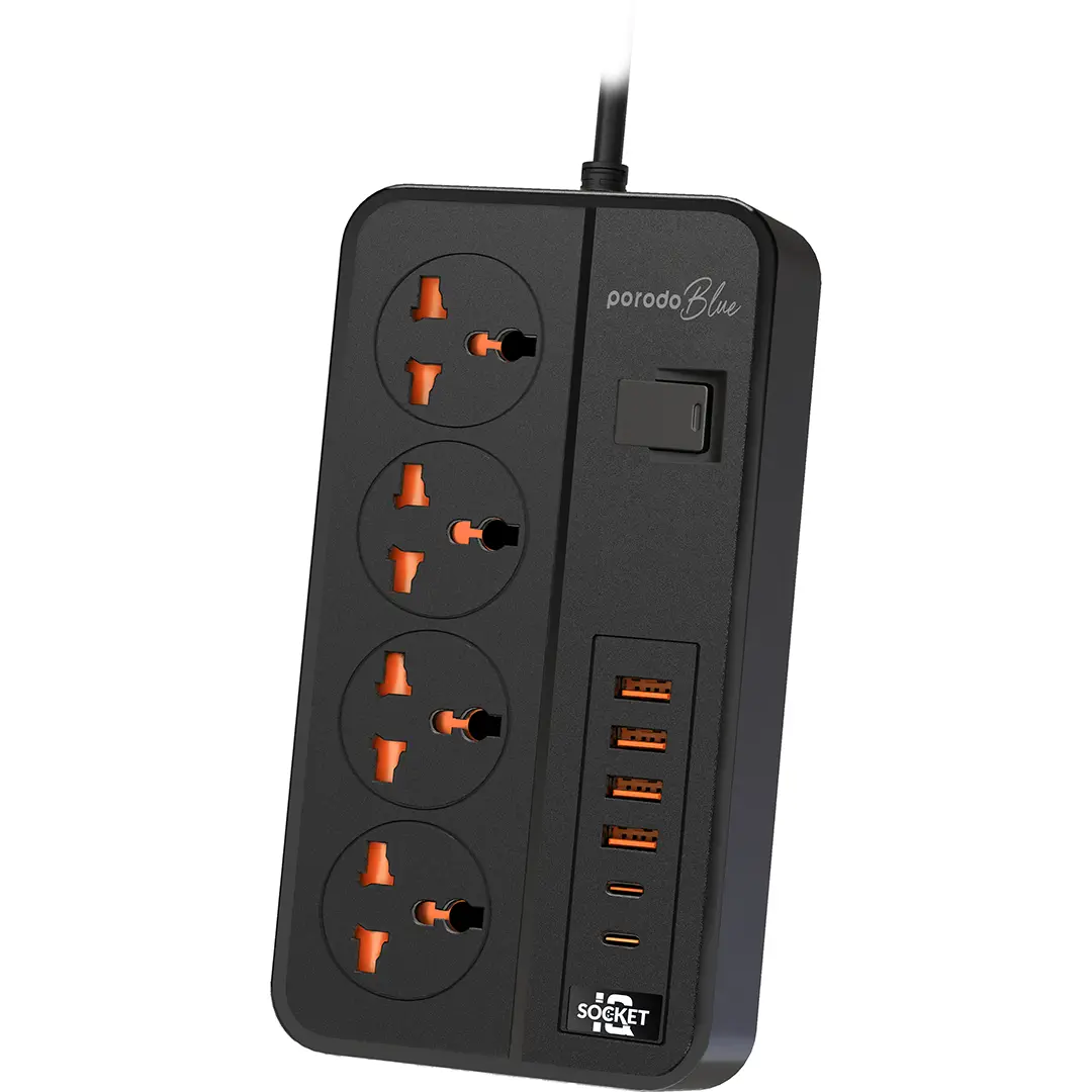 Porodo Blue 4 AC Power Strip – Compact & Safe Power Extension (Black)