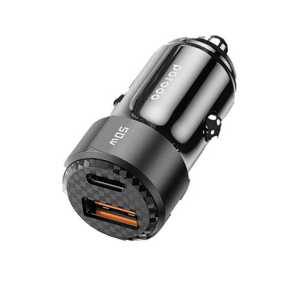 Porodo 50W Dual Port Car Charger – USB-C & USB-A Fast Charging with Type-C to Lightning Cable (Black)