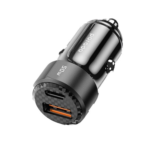 Porodo 50W Dual Port Car Charger – USB-C & USB-A Fast Charging with Type-C to Lightning Cable (Black)