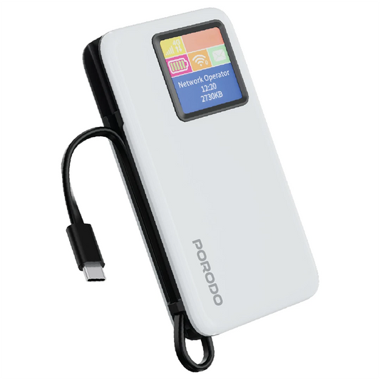 Porodo 4G LTE WiFi 6 Pocket Router with 10000mAh Power Bank – Fast 300Mbps Mobile Hotspot (White)