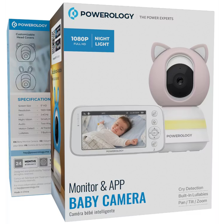 Powerology Smart Baby Monitor Camera with Mobile App – Night Vision, Motion Detection & Two-Way Audio (Blue / Pink)