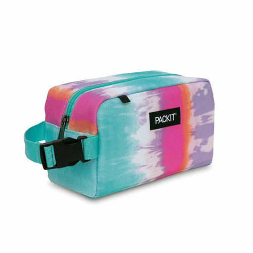 Colorful tie-dye toiletry bag with 'Packit' logo on a white background