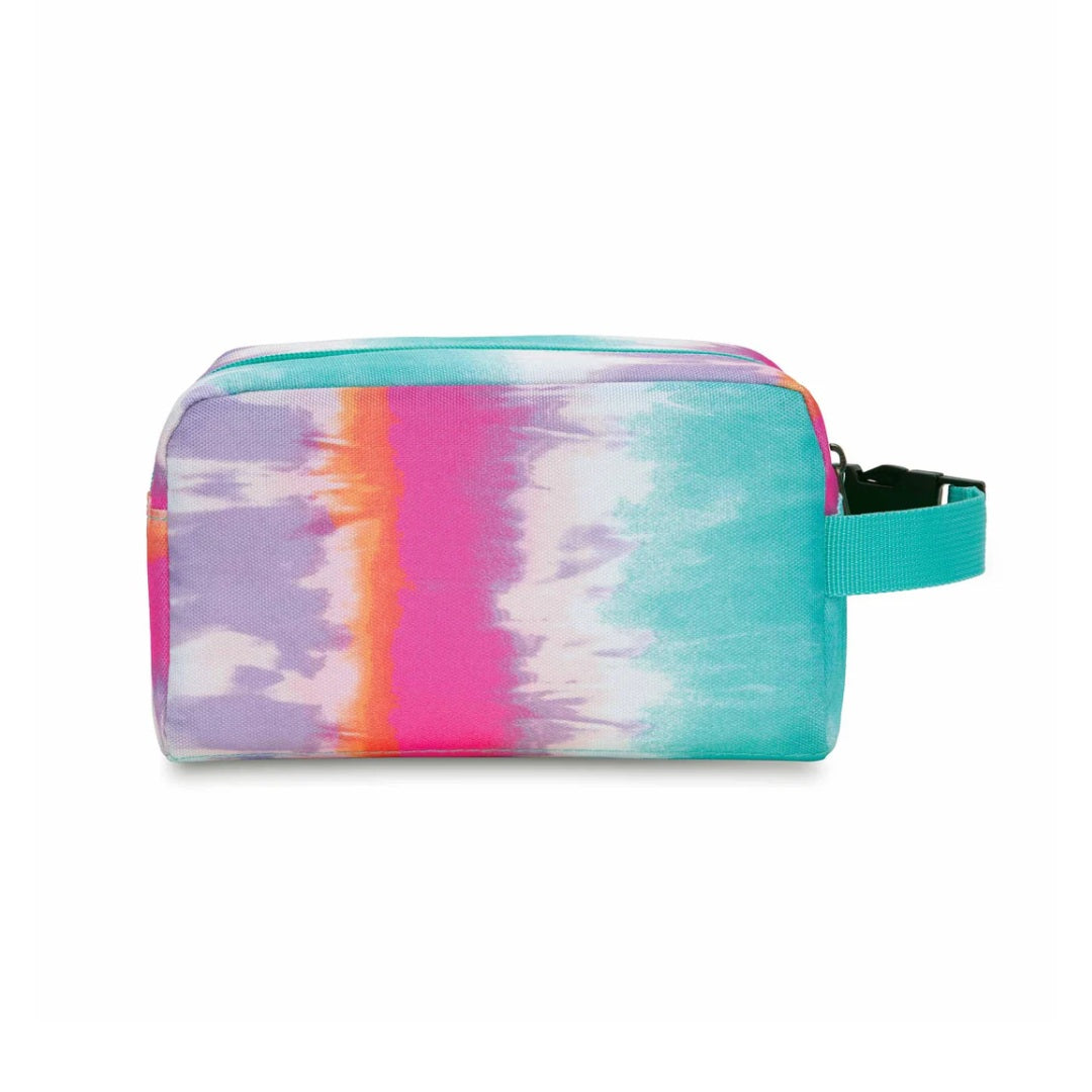 A rectangular zippered pouch with a vibrant tie-dye pattern in pink, purple, orange, and teal, featuring a matching teal webbing strap on a white background.