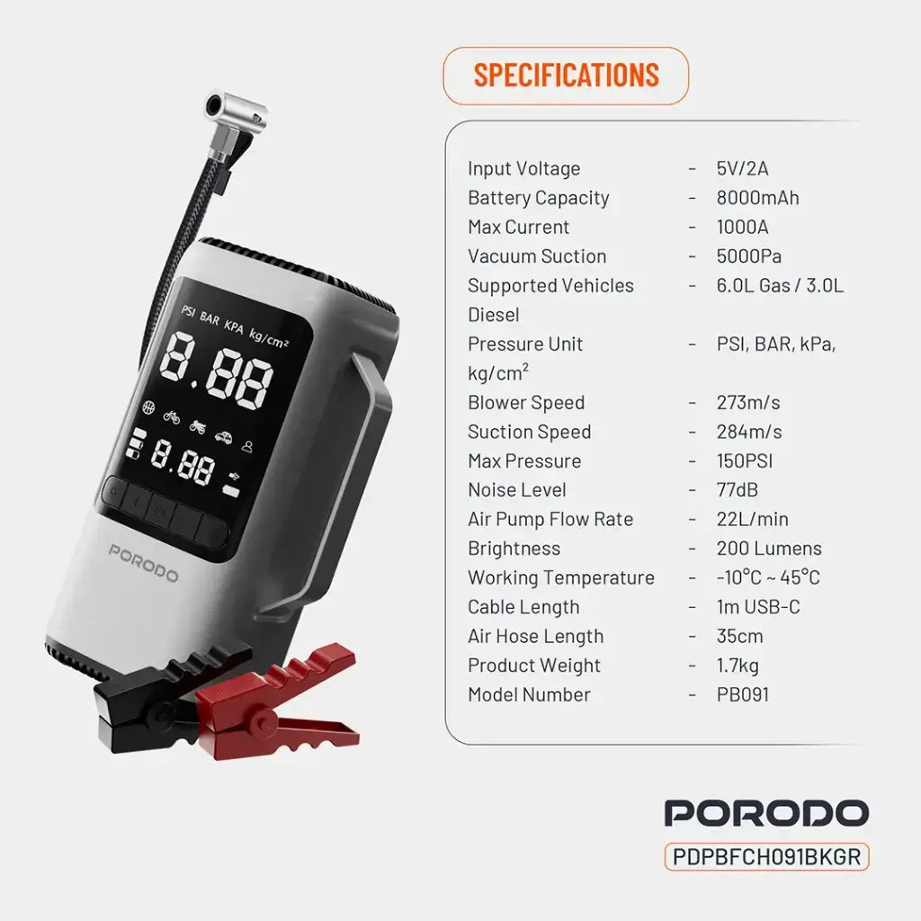 Porodo 4-In-1 Inflator and Jump Starter
