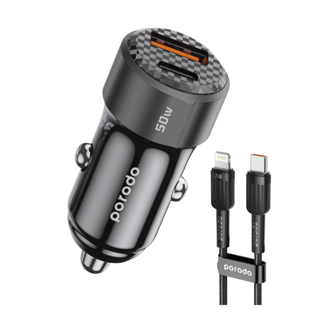 Porodo 50W Dual Port Car Charger – USB-C & USB-A Fast Charging with Type-C to Lightning Cable (Black)