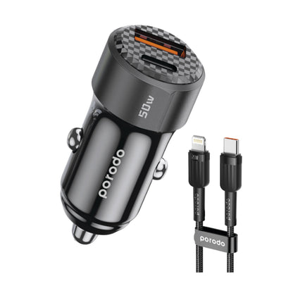 Porodo 50W Dual Port Car Charger – USB-C & USB-A Fast Charging with Type-C to Lightning Cable (Black)