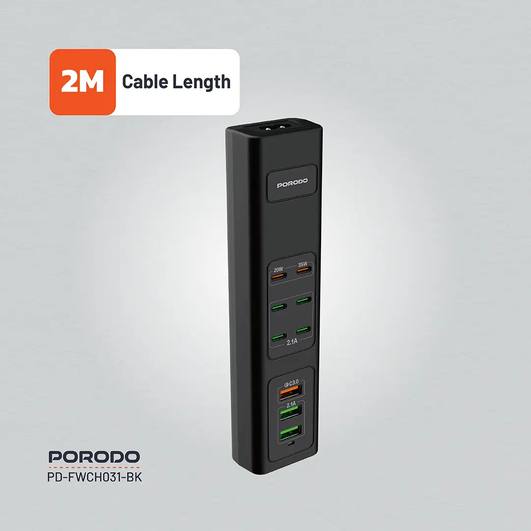 Porodo 85W Multi-Port USB Charging Hub – Fast Multi-Device Charger with Smart Power Distribution (Black)