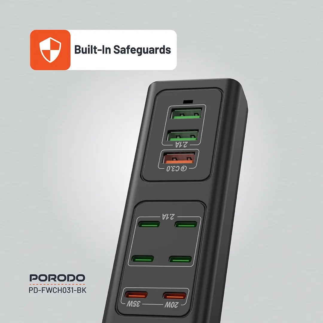 Porodo 85W Multi-Port USB Charging Hub – Fast Multi-Device Charger with Smart Power Distribution (Black)